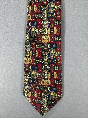 Vintage Korean Air Mens Red Silk Necktie Mosaic Geometric Celestial Moons Stars